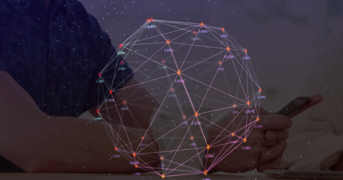 Image of web of connections with numbers floating over man and woman using smartphones