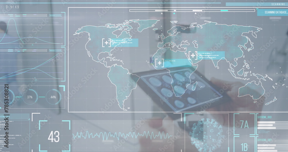 Poster digital interface with medical data processing against male doctor using digital tablet