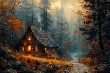 Witch house in mysterious dark forest, fantasy. Halloween. AI generative - 785308840