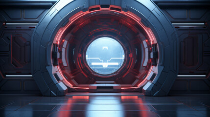 Futuristic space station with a large red circle in the middle