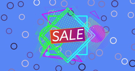Image of sale text on retro vibrant squares and circles on blue background