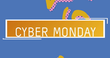 Image of cyber monday text on yellow banner, pink pink and yellow shapes on blue background