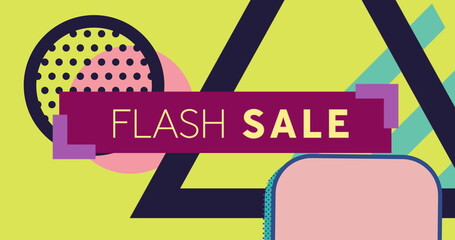 Image of flash sale text on red banner and retro multi coloured shapes on yellow background