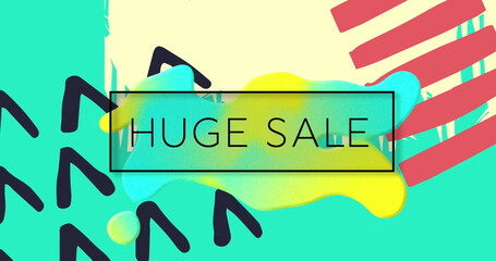 Image of huge sale text in black frame over multi coloured abstract shapes on yellow background