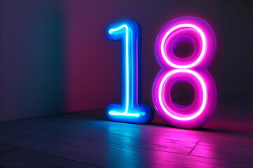Pink and blue neon sign of number eighteen. Symbol 18 isolated on black background	
