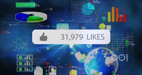 Image of speech bubble with thumbs up likes and numbers over data processing