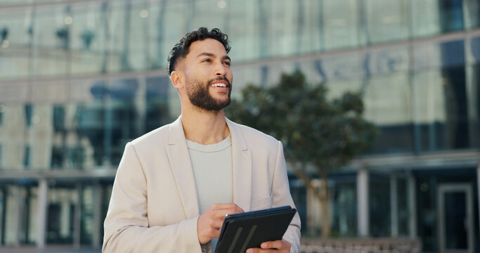 City, tablet and thinking with business man outdoor in summer for morning commute or research. Building, future and vision with confident young corporate employee in urban town for job opportunity