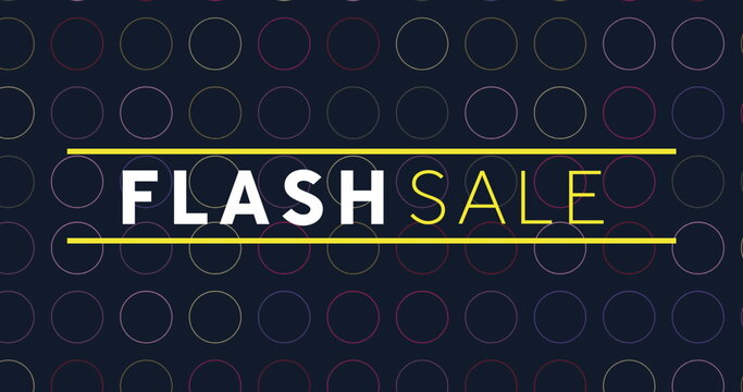 Image of flash sale text with yellow lines over rows of multi coloured circles on black