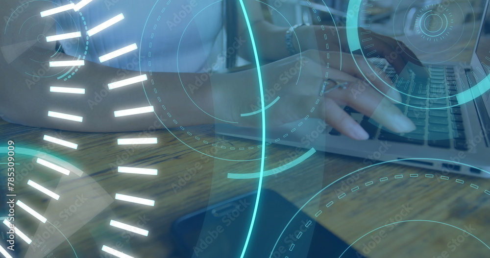 Poster digital composite of a woman using a laptop in the background with 5g and futuristic circles moving