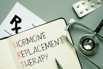 Hormone replacement therapy HRT is shown using the text - obrazy, fototapety, plakaty