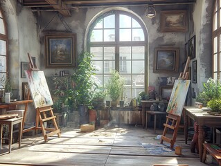 A room with two easels and a window. The room is filled with paintings and plants. The mood of the room is calm and peaceful