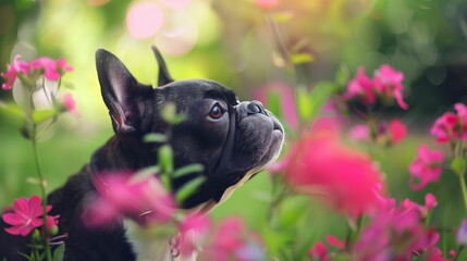 Portrait of black french bulldog dog among pink flowers field	
