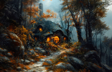 Witch house in mysterious dark forest, fantasy. Halloween. AI generative - 785309065