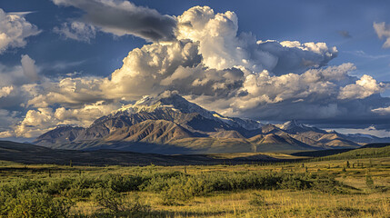 Clouds over a peak on a tundra landscape 