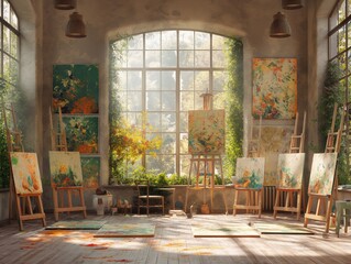 A room with many paintings and a window. The mood of the room is calm and peaceful. The paintings are arranged in a way that they are all facing the window, allowing natural light to shine on them