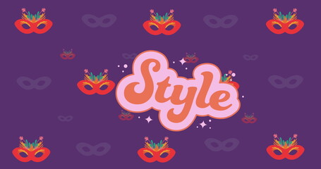 Fototapeta na wymiar Image of style text in orange and pink over masquerade masks on purple background