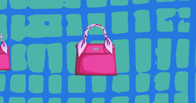 Image of pink handbags over abstract patterns on blue on background