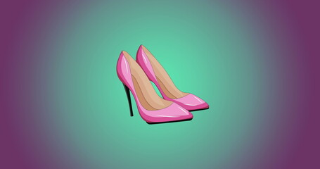 Image of pink high heeled shoes over purple and blue background
