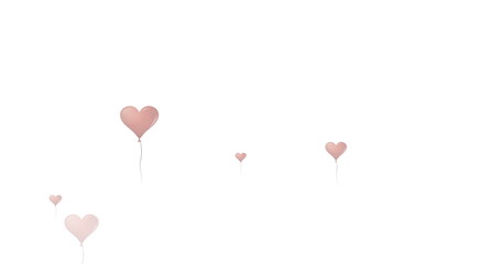 Purple abstract shapes against multiple heart shapes balloons falling against white background