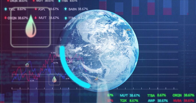 Image of digital interface circle data loading over globe and data processing