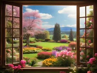 Fototapeta na wymiar Artistic painting, view from a window of colorful flowers
