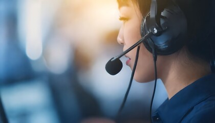 A customer service representative wearing a headset and providing assistance to a customer over the phone exemplifying professionalism clarity and patience in resolving inquiries and delivering - obrazy, fototapety, plakaty