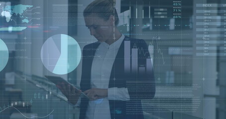 Image of financial data processing over caucasian businesswoman in office