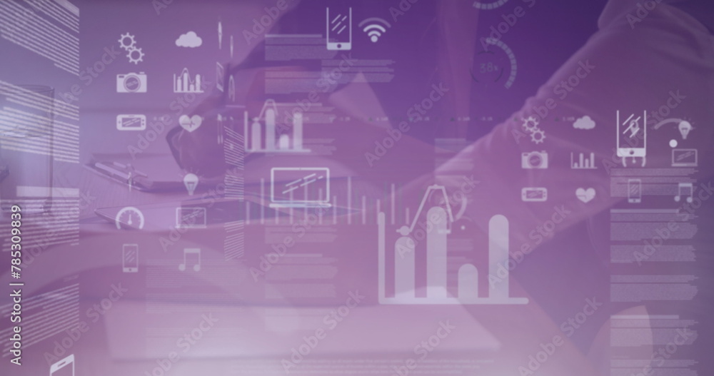 Poster image of network of digital icons and data processing over diverse business people
