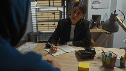 A woman investigator meticulously takes notes in an office during an interrogation, suggesting a...