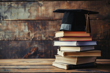 Black graduation hat on stack of books on wooden background