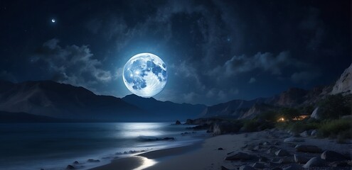 Fototapeta na wymiar Full moon over the sea at night. Seascape with a full moon. capture loneliness 