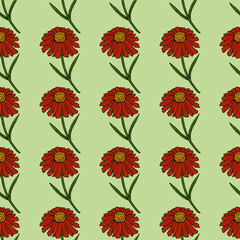 Seamless pattern with fantastic red flowers on light green background. Vector image.