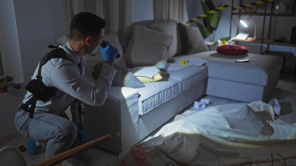 Hispanic man investigates a dark indoor crime scene with evidence and caution tape - obrazy, fototapety, plakaty