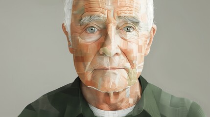 Illustration of an elderly man, with a montage of images overlaid reflecting a lifetime of memories. - 785310443