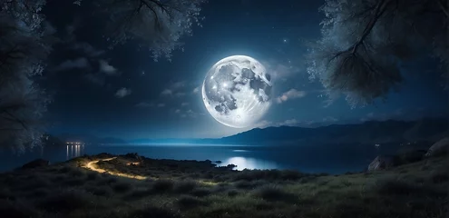Wall murals Full moon and trees Full moon over the sea at night. Seascape with a full moon. capture loneliness 