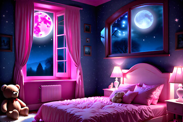 bed pink room moon