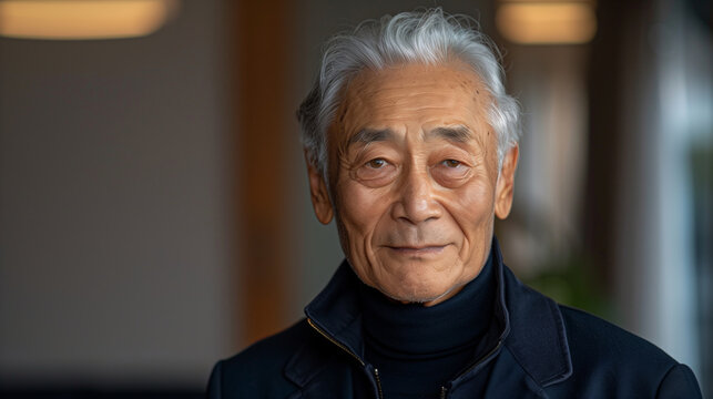 A Japanese man with a blue jacket and a scarf around his neck. He is smiling and looking at the camera. Japanese male businessman in his 70s. His expression is intelligent and he is smiling slightly.