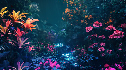 Colorful fantasy forest foliage at night glowing flowers