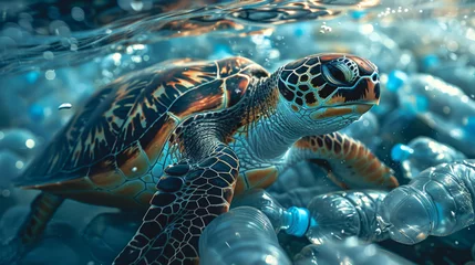  Sea turtle swimming in ocean invaded by plastic bottles. © puhimec