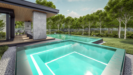 3d rendering of modern two story house with gray and wood accents, large windows, parking space in the right side of the building, surrounded by trees and bushes, green grass on lawn, daylight