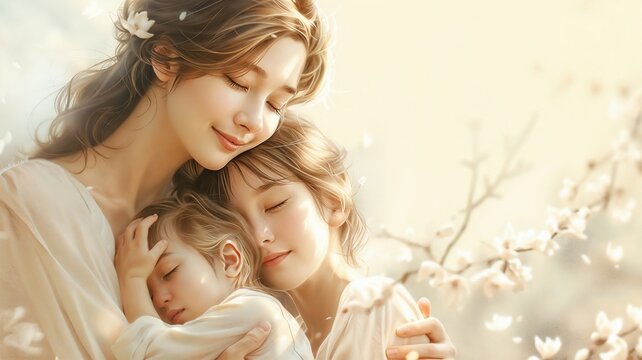 Mother and her 2 child  close to each other, surrounded by delicate white blossoms and bathed in soft sunlight