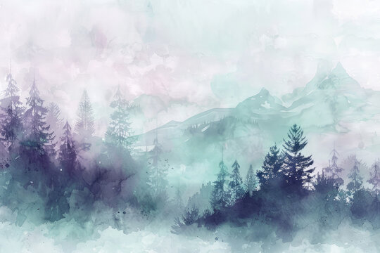 Misty Morning in the Forest with Pine Trees and Mountains, Abstract Hand-Drawn Watercolor Painting Landscape Background