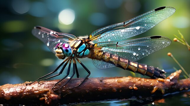 A waterloving arthropod, the dragonfly, is perched on a tree branch - Powered by Adobe