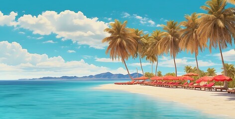 Beach with palm trees and sun loungers. 3d render