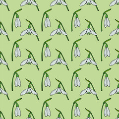 Seamless pattern with fantastic snowdrops on light green background. Vector image.