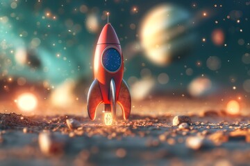 Colorful Cartoon Rocket Launching in a Fantasy World