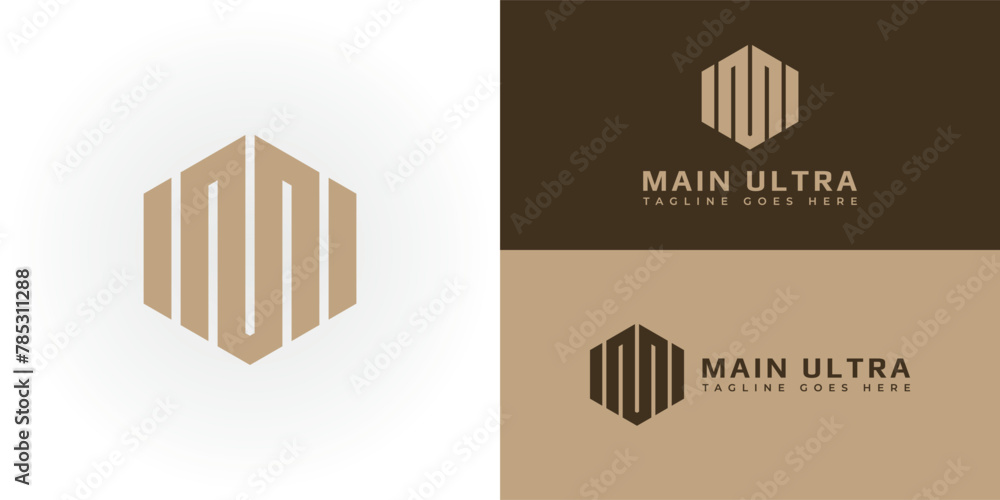 Poster abstract initial hexagon letter mu or um logo in gold color isolated on multiple background colors. 