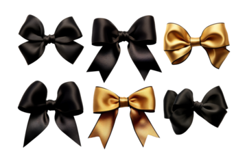Elegance in Six: Black and Gold Bow Beauties. On a White or Clear Surface PNG Transparent Background.
