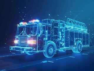 digital blue hologram fire truck  with data streams, ai emergency response systems, route optimization algorithms, predictive maintenance schedules, firefighting operations.

