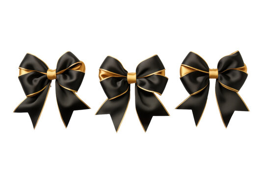 Elegance in Triplets: Black and Gold Bows. On a White or Clear Surface PNG Transparent Background.